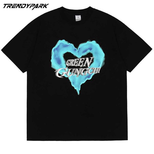 Хип-хоп негабаритные футболки мужская улица 3d форма сердца облака печати футболка harajuku хлопок свободный с коротким рукавом футболка черный 210601