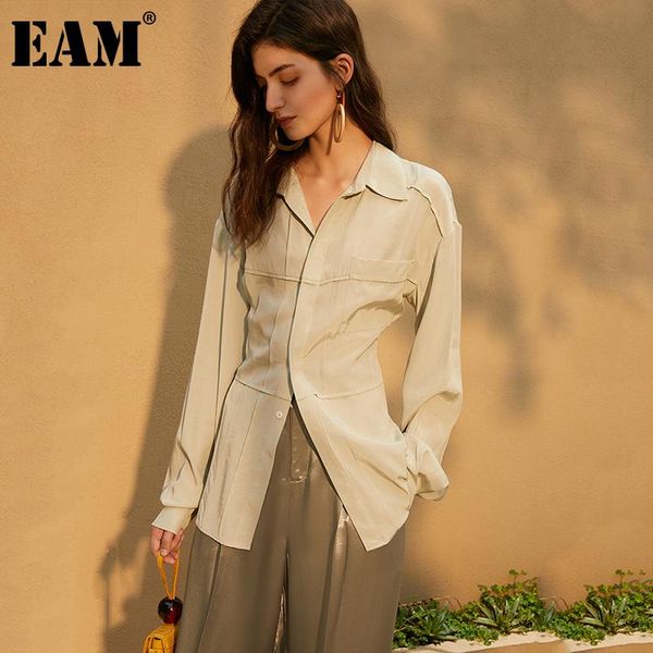 

[eam] women green shaped temperament blouse lapel long sleeve loose fit shirt fashion tide spring autumn 2021 1dd0286 women's blouses &, White
