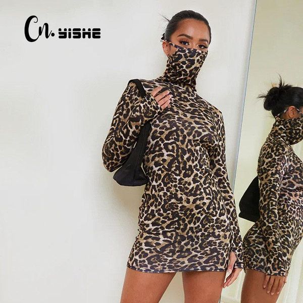 

casual dresses cnyishe long sleeve high neck leopard print dress women 2021 fashion street bodycon women's robe, Black;gray