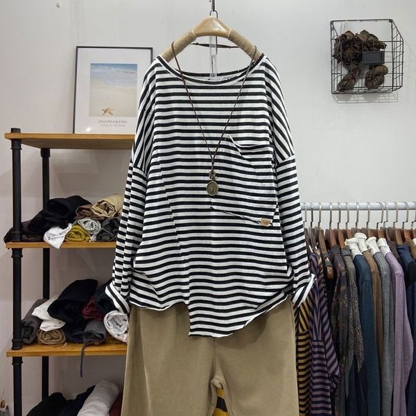 

t shirts spring autumn fashion women long sleeve loose casual tshirt 100% cotton big pockets o-neck striped tee shirt femme v218 86dz, White