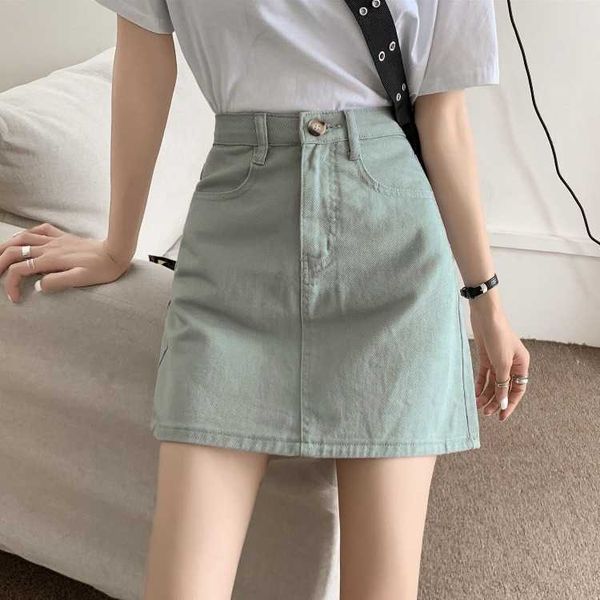 

summer 2021 korean high waist slim a-line half length denim skirt short, Black