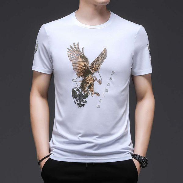 

2021 summer men's ice silk t-shirt youth leisure round neck printed eagle bottom shirt, White;black