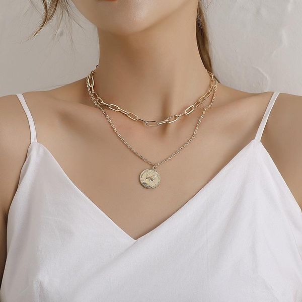 

bohemian vintage multilayers chain portrait coin necklace for women 2 colors ladies pendant trendy long statement party jewelry necklaces, Silver