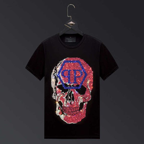 

european skull drill t-shirt men's short sleeve fashion brand men's ice silk t-shirt spirit guy half sleeve mercerized cotton t-sh, White;black