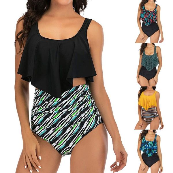 

women's swimwear women bikini two piece backless halter printed set ruffle high waist ruched summer #g2, White;black