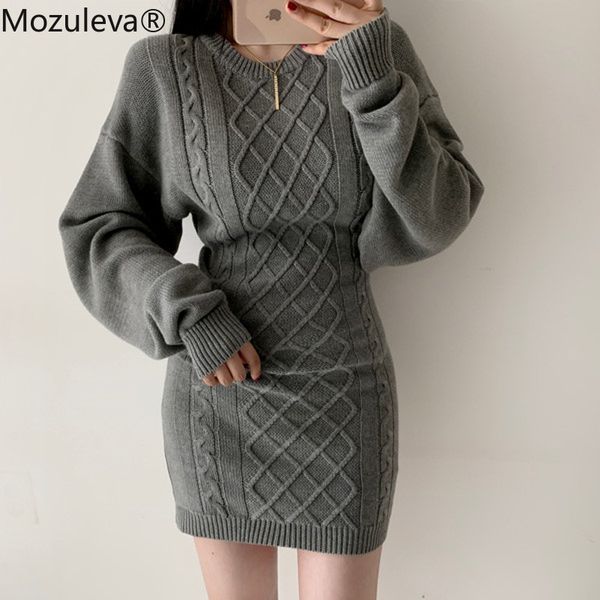 

o-neck twist sweater dress women full sleeve backless female knitted hip package winter vestidos 210427, Black;gray