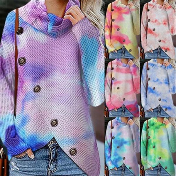 

womens tie dye sweater fashion waffle turtle neck oblique button applique pullover designer female casual long sleeve knit sweaters, White;black