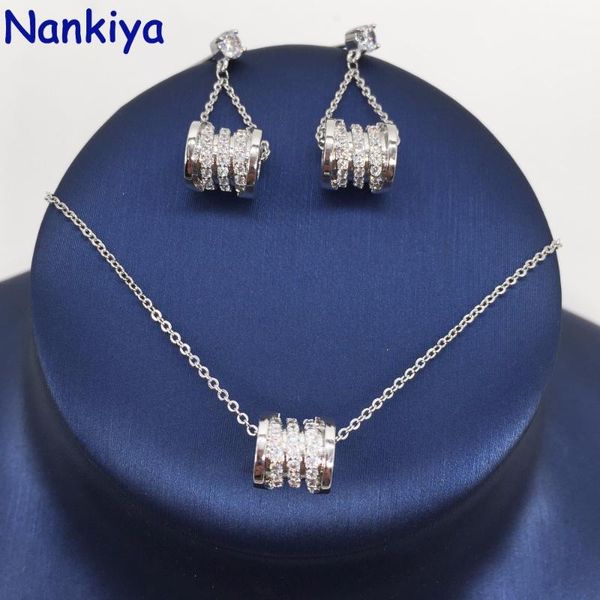 

earrings & necklace nankiya brand fashion elegent cylinder shape jewelry 2pcs set pave zirconia earring for fahion lady nc484, Silver