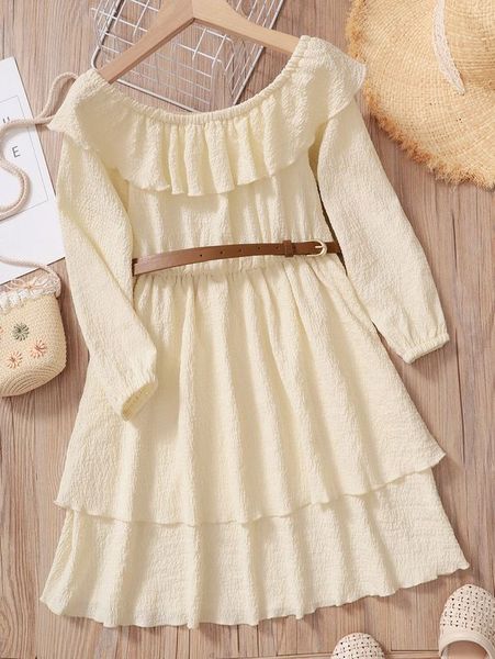 

girls ruffle trim layer hem belted dress she, Red;yellow