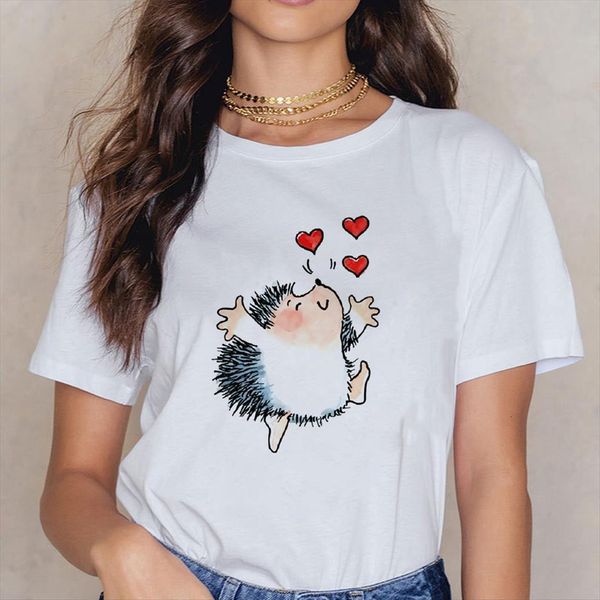 

hedgehog and heart loose summer womens tee easy matching round neck shirts, White