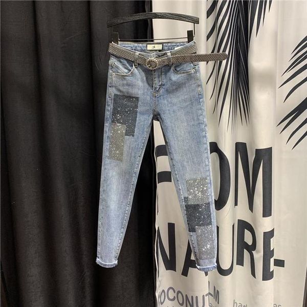 

high waist slim little womens jean foot nine point spring and autumn sequin stickers versatile thin pencil pants, Blue