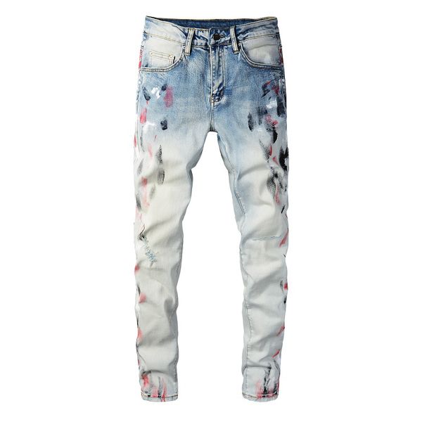

22ss jeans men slim fit painted ripped light blue men's denim pants jean hip hop trousers big size 28-40