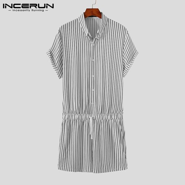 

summer men striped rompers streetwear 2021 casual drawstring jumpsuit short sleeve button fashion overalls playsuit incerun men's short, White;black