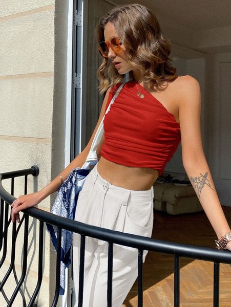 

sollinarry one shoulder ruched crop b7ex#, White