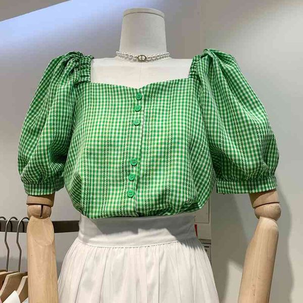 

sweet puff sleeve buttoned shirts women plaid blouses temperament square collar blusas mujer summer fresh woman 210514, White