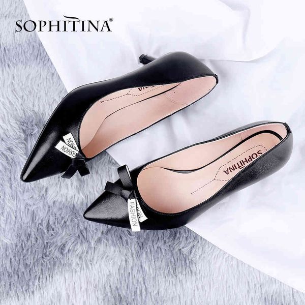 

sophitina office women pumps concise pointed toe thin heels butterfly-knot decoration shoes sheepskin pumps pc643 210513, Black