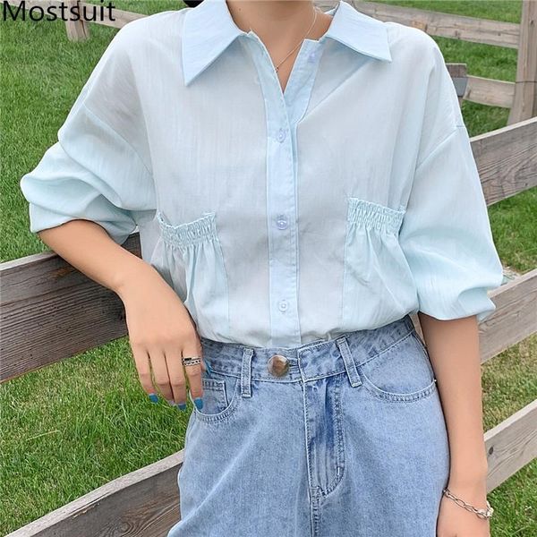 

women's blouses & shirts 2021 autumn korean fashion sunscreen women long sleeve pockets stylish solid vintage casual female blusas, White