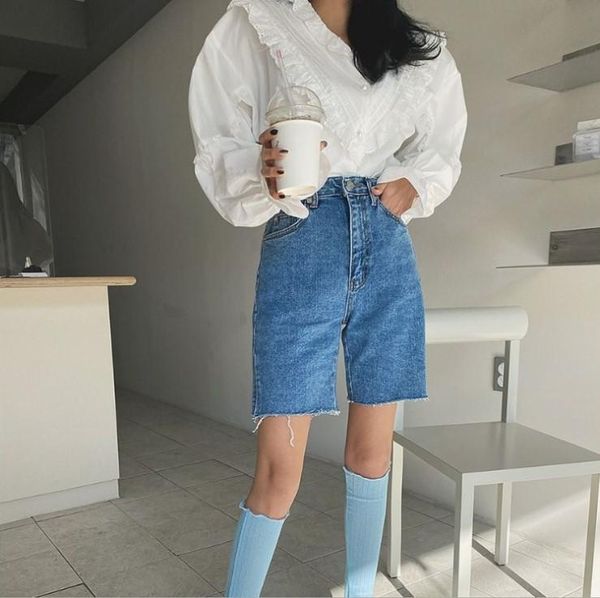 

women's jeans casual summer half denim shorts for women high waist loose pockets female straight 2021 ladies streetwear, Blue