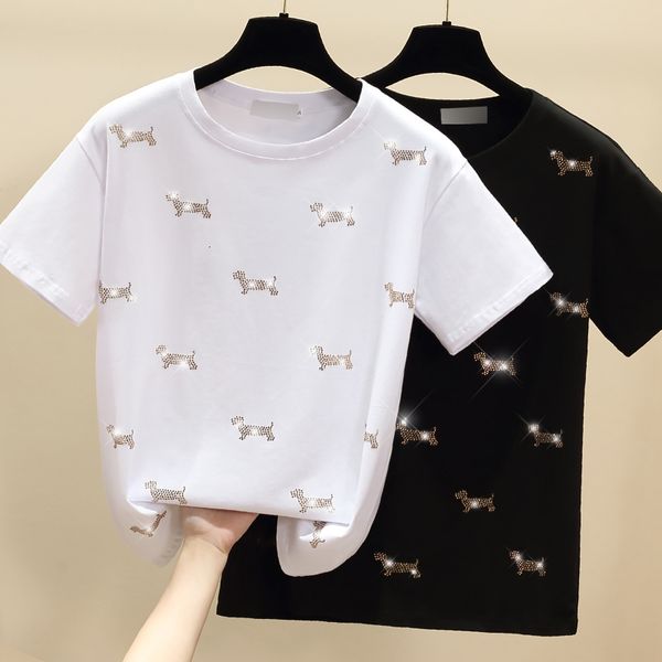 

fashionable ins dog strass loosen female t-shirt 2021 summer short sleeve white neck cotton s plus size vr1y