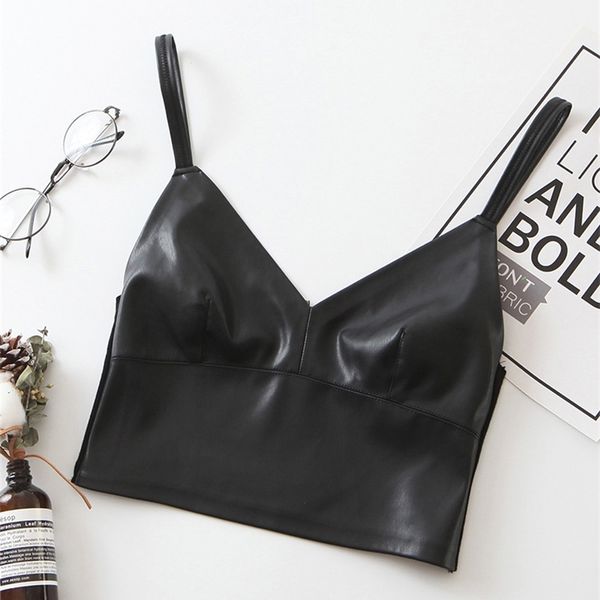 

biaoruina women's sleeveless black pu v-neck short camisole female club style backless patchwork fashion tank crop 210319