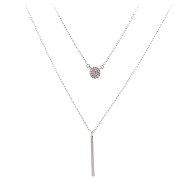 

chains 925 sterling silver square bar crystal flashing diamond round double chain clavicle necklace simple temperament female jewelry