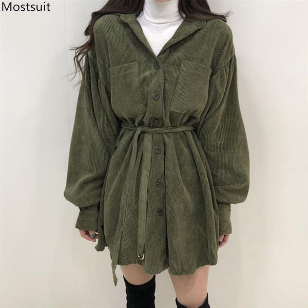 

autumn winter women long sleeve corduroy shirt dress korean loose buttons up sashes pockets fashion dresses green black 2021 casual, Black;gray