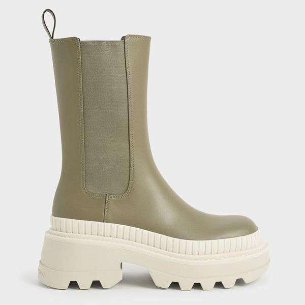 

boots british style women fashion mid-calf platform chunky heel solid pu leather round toe height increasing shoes ladies female, Black