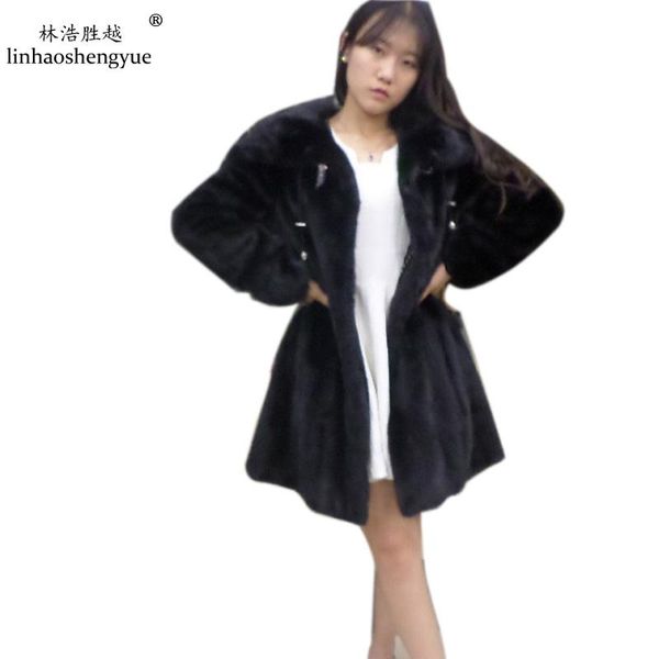 

women's fur & faux linhaoshengyue 90cm long mink coat, with hood, Black