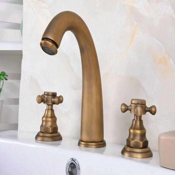 

vintage retro antique brass deck mounted dual handles widespread bathroom 3 holes basin faucet mixer water taps aan077