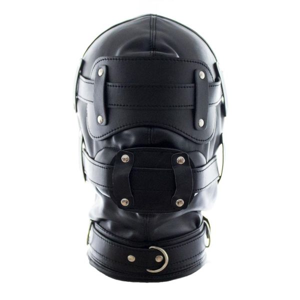 Bondage Faux Leather Restraint Slave Privação Sensorial Hood Mask BDSM Com Penis Dildo Gag Jogos para Adultos Brinquedos Sexuais para Casal