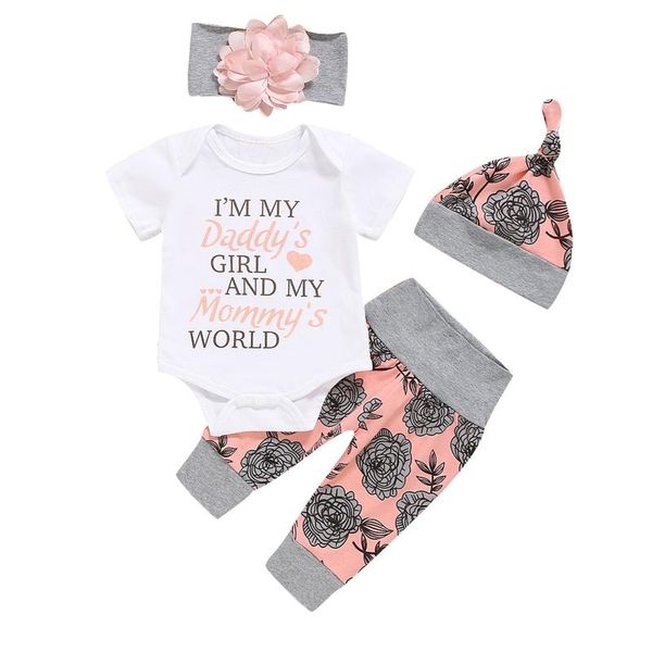 

baby boys clothes summer short sleeve letter print ropmper+flower pants+hat+headband set outfit casual infant clothing sets, White