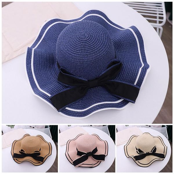 

wide brim hats simple foldable girls straw hat round bowknot sun beach women summer uv protect travel cap lady casual, Blue;gray