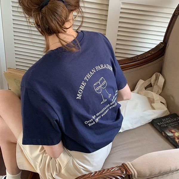 

letter cup printed vintage loose summer all match simple fashion spring short sleeve cotton women t-shirts women's t-shirt, White