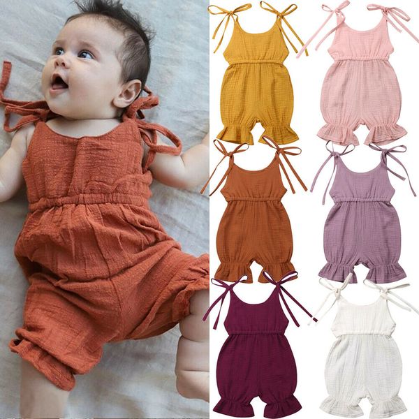

0-4y summer newly cute infant kids baby girls boys solid romper sleeveless belt jumpsuits clothes 6 colors, White