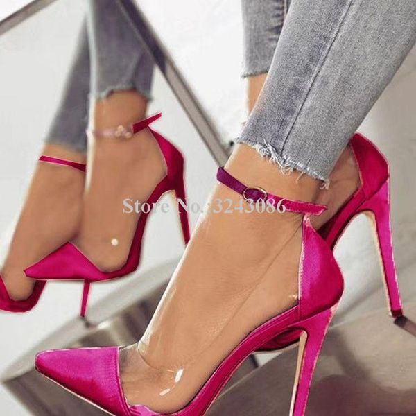 

dress shoes lady rose red satin pvc patchwork stiletto heel pumps fashion pointed toe ankle buckle high heels wedding women party shoe, Black