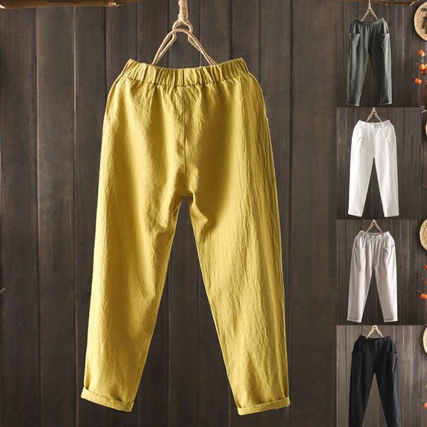 

women's pants & capris womens breathable cotton linen pocket elastic waist loose trousers streetwear solid color vintage casual basic p, Black;white