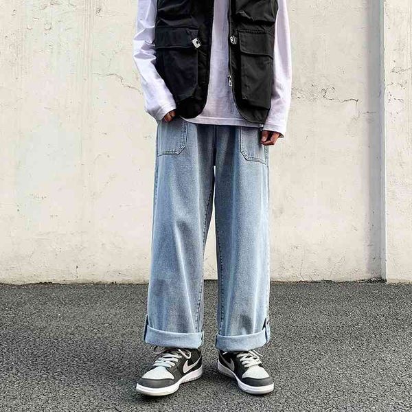 

men's jeans spring wide-leg straight loose pants hong kong style trend retro trousers bottom buckle ankle-length pants xon0, Blue