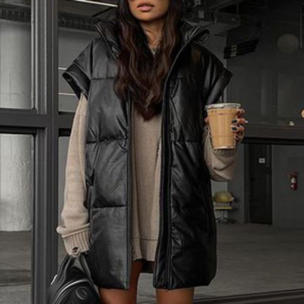 

women's vests stand collar side pockets black women fashion casual pu coats elegant straight simple female ladies, Black;white