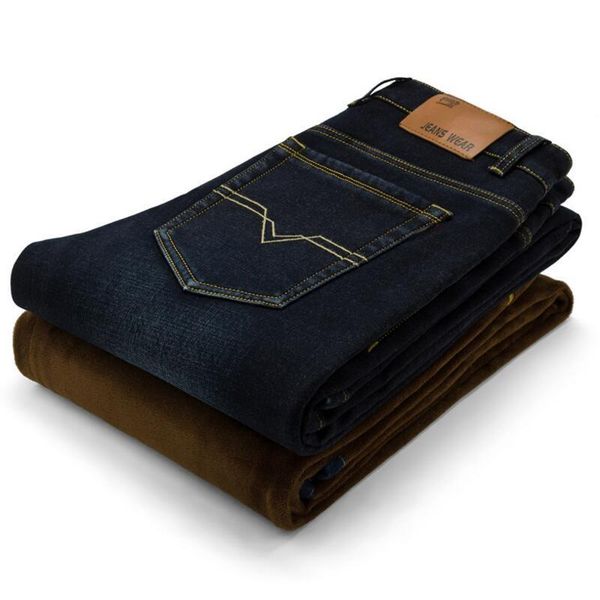 

men's jeans men black winter denim fleece thicker warm long pants male stretch slim fit solid blue size 40