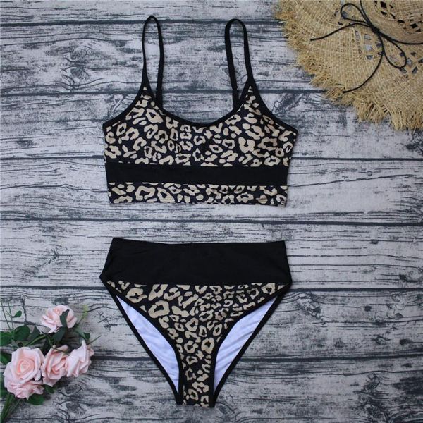 

women's swimwear women leopard bikini set crop tank with high waist triangle bottom fashionable swimsuit for beach 2021, White;black