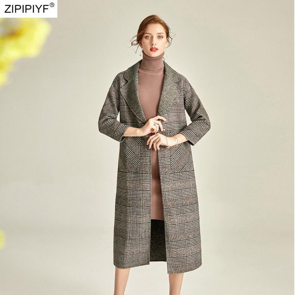 

women's wool & blends handmade double-sided black-and-white plaid elegant ladies temperament coat quality woolen long women wear c2115