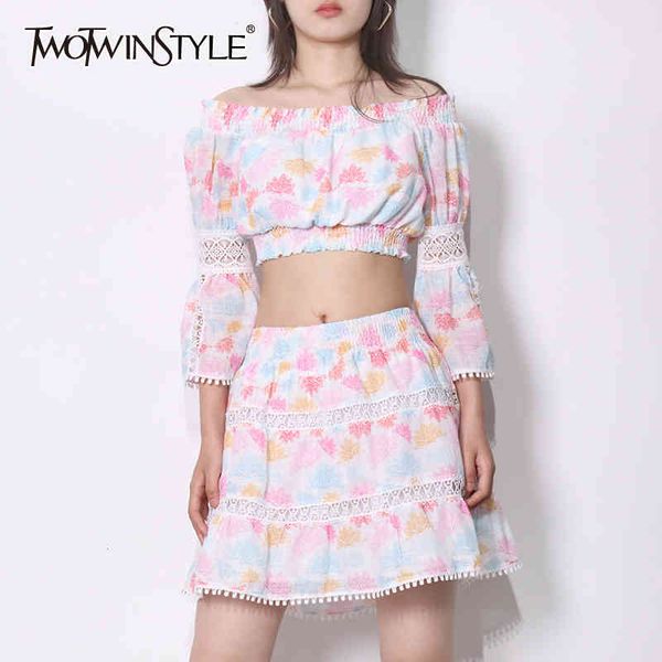 

vintage print two piece set for women slash neck long sleeve high waist skirt hit color sets female summer 210428, White