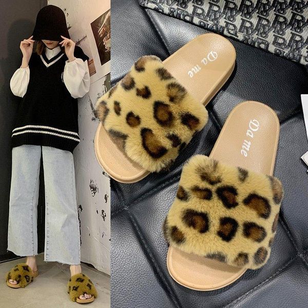 

party fur slippers women sliders furry leopard flats sweet ladies shoe home warm flip flops sandals, Black