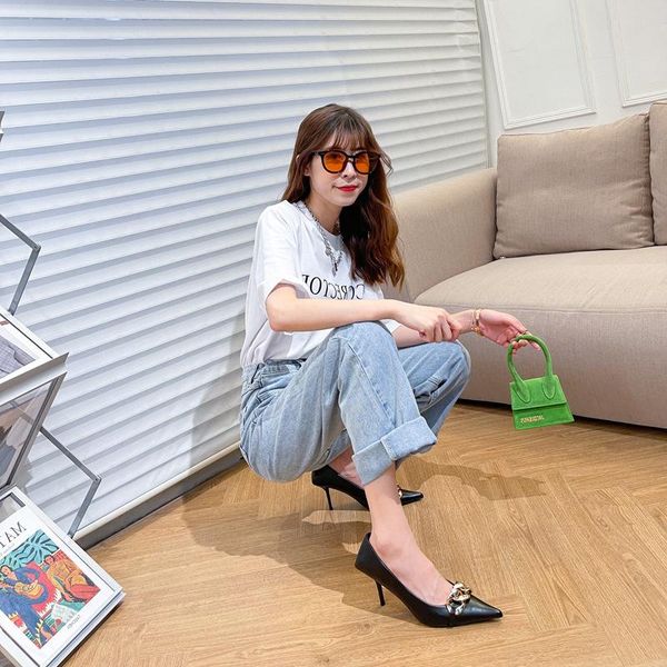 

dress shoes design feeling of girl metal chain pointed high heels, Black