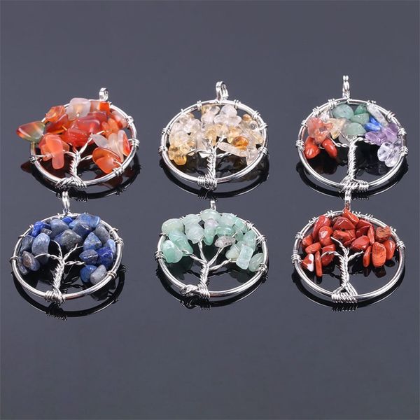 

gravel 7 chakra beads stone wrapped tree of life energy charms healing crystal reiki pendant for necklace jewelry making, Bronze;silver