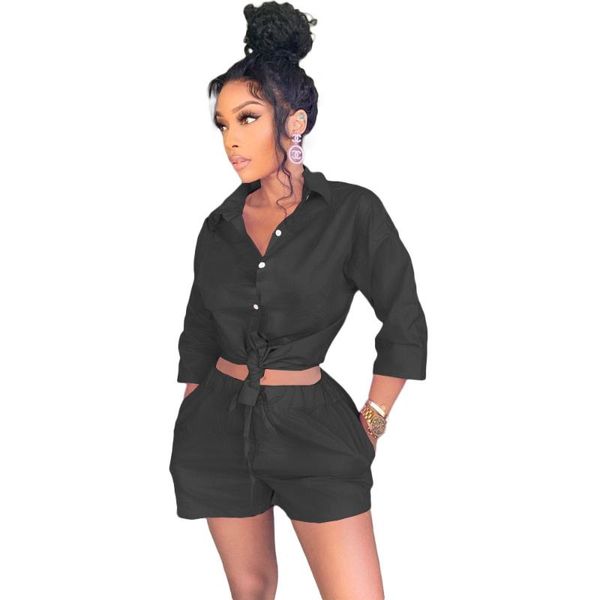 

women's tracksuits 2021 autumn solid button shirt short two piece outfit set, Gray