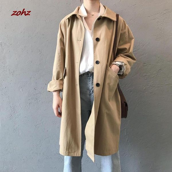 

women's trench coats women autumn solid long coat casual loose lapel single breasted windbreaker jacket fashion sleeve thin outerwear, Tan;black
