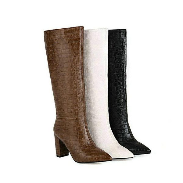 

boots winter women fashion crocodile print knee high pointed toe heel long autumn woman shoes, Black