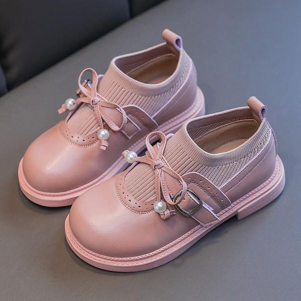 

flat shoes girls leather children genuine flats wedding party princess sweet bowknot kids shoe fashion knitted boots, Black;grey