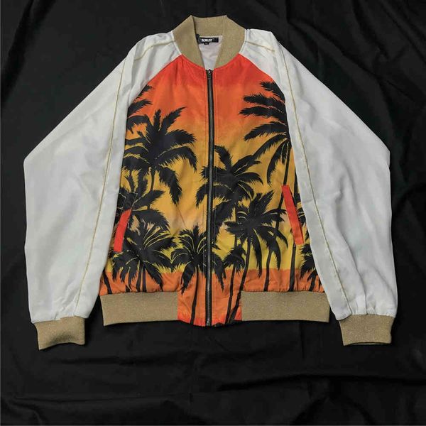 

hoodies coconut tree designer bomber kpop full zipper raglan varsity jacket three-pocket styling, Black